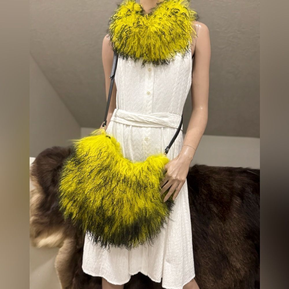 2 Tone Real Mongolian Lamb Fur Handmade Stylish Hobo Bag, Includes 2 Straps